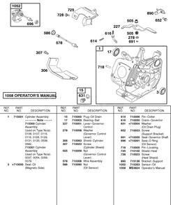 Cylinder, Oil Sensor Diagram and Parts List for 115432-0135-XX  Briggs and Stratton Engine